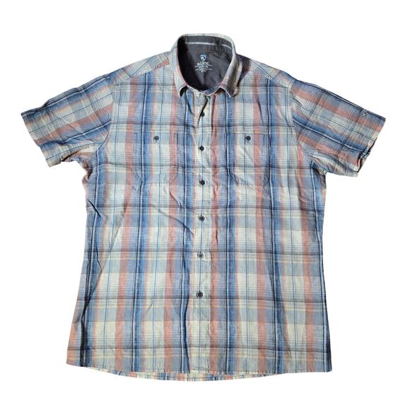 Kuhl Men's Short Sleeve Button Down Shirt Tan Plaid Linen Blend, Size Medium - Picture 1 of 6